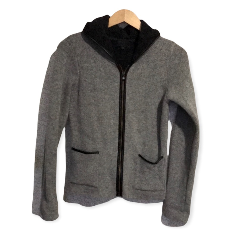 MARY Wool Blend Gray Hoodie w/ Faux Leather Trim